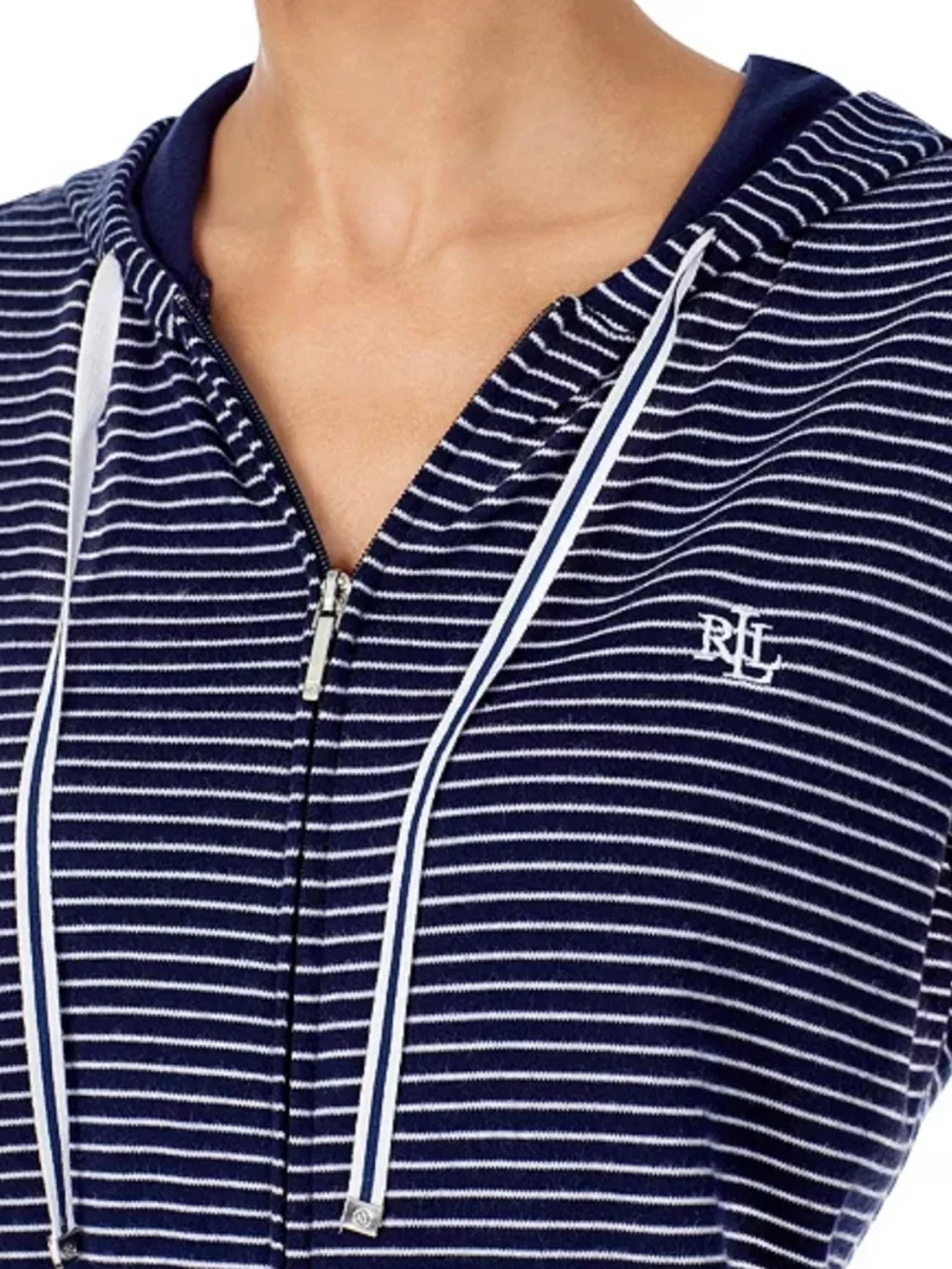Lauren Ralph Lauren Navy and White Striped Hooded Zip Swim Cover-Up (J)